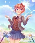  1girl :d asterleaf14 bangs blazer blue_eyes blue_skirt blurry blurry_background blurry_foreground blush bow breasts brown_hair clouds collared_shirt commentary cowboy_shot daisy day doki_doki_literature_club eyebrows_visible_through_hair flower grey_jacket hair_bow hands_up highres jacket lens_flare long_sleeves looking_at_viewer open_mouth outdoors petals pleated_skirt red_bow ribbon round_teeth sayori_(doki_doki_literature_club) school_uniform shirt short_hair skirt sky smile solo standing sun sunlight teeth white_shirt 