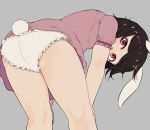  1girl animal_ears ass bare_arms bare_legs bent_over black_hair bunny_tail dress from_behind grey_background highres inaba_tewi looking_at_viewer marsen panties pink_dress pink_eyes rabbit_ears short_dress simple_background solo tail touhou underwear white_panties 