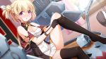  1girl adjusting_clothes adjusting_legwear azur_lane bare_shoulders black_gloves black_legwear blonde_hair blurry blush breasts cleavage curtains depth_of_field dress dutch_angle eyebrows_visible_through_hair flower from_side gloves hair_between_eyes hair_bun hair_ribbon head_tilt highres kasaran_(e_kisama) leipzig_(azur_lane) machinery medium_breasts nose_blush open_mouth pink_eyes plant potted_plant ribbon short_hair solo thigh-highs white_ribbon window wing_collar 