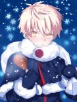  1boy artoria_pendragon_(all) capelet chicken_leg child closed_mouth fate/grand_order fate/prototype fate_(series) fur_trim looking_at_viewer male_focus platinum_blonde saber_(fate/prototype) saber_alter sack santa_alter santa_lily seseragi_azuma snowflakes snowing solo yellow_eyes younger 