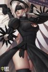  1girl artist_name black_dress blindfold breasts cleavage cleavage_cutout commentary cosplay dress feather-trimmed_sleeves iury_padilha leotard_under_clothes lips mechanical_halo mechanical_wings medium_breasts mercy_(overwatch) nier_(series) nier_automata puffy_sleeves side_slit silver_hair solo wings yorha_no._2_type_b yorha_no._2_type_b_(cosplay) 