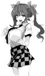  1girl bangs breasts checkered checkered_skirt eyebrows_visible_through_hair fang greyscale hair_ribbon himekaidou_hatate kamukamu_(ars) large_breasts long_hair looking_at_viewer miniskirt monochrome necktie open_mouth pointy_ears ribbon short_sleeves sketch skirt smile solo standing touhou twintails 