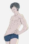  1boy abs adonis_belt bare_chest black_hair blue_hair boxer_briefs highres kamezaemon looking_at_viewer male_focus muscle navel original red_mask_(arizuka) short_hair simple_background smirk solo underwear 