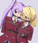  2girls arms_behind_back asymmetrical_docking bangs bdsm blazer blonde_hair blue_eyes bondage bound bound_arms breast_press breasts drill_hair emblem fujiwara_yukino gagged highres jacket large_breasts long_hair medium_breasts mei_kitaki multiple_girls one_eye_closed pleated_skirt purple_background purple_hair red_eyes restrained ribbon school_uniform sharpffffff shibari side-by-side skirt swept_bangs twin_drills twintails wince yellow_ribbon yu-gi-oh! yuu-gi-ou_5d&#039;s yuu-gi-ou_gx_tag_force 