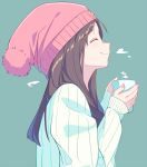  1girl ^_^ aqua_background beanie brown_hair casual closed_eyes closed_mouth cup from_side hat holding holding_cup itachi_kanade long_hair long_sleeves nail_polish original pink_hat pink_nails profile shiny shiny_hair simple_background sleeves_past_wrists smile solo steam sweater two-handed upper_body white_sweater 
