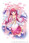  1girl angel_wings bangs blunt_bangs blush breasts detached_sleeves dress embarrassed eyebrows_visible_through_hair feathered_wings flower full_body gothic_wa_mahou_otome gradient_clothes gradient_dress hair_flower hair_ornament halo heart highres jenevan large_breasts leaning_forward long_dress long_hair long_sleeves looking_at_viewer official_art open_mouth pink_dress pink_eyes pink_hair ribbon sash simple_background solo watermark white_background white_dress white_wings wide_sleeves wings yellow_ribbon 