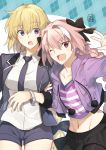  1boy 1girl astolfo_(fate) black_skirt blazer blonde_hair blue_eyes braid casual eyebrows_visible_through_hair fang fate/apocrypha fate/grand_order fate_(series) hair_ribbon highres holding_arm hood hooded_jacket jacket jeanne_d&#039;arc_(fate) jeanne_d&#039;arc_(fate)_(all) looking_at_viewer miniskirt multicolored_hair necktie nikame open_clothes open_jacket open_mouth pink_hair red_eyes ribbon short_shorts shorts signature single_braid skirt smile trap white_hair wristband 