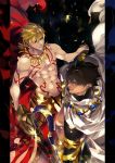  2boys black_hair blonde_hair cape ea_(fate/stay_night) fate/grand_order fate/prototype fate/prototype:_fragments_of_blue_and_silver fate/stay_night fate_(series) gilgamesh hand_holding highres interlocked_fingers male_focus multiple_boys ozymandias_(fate) pvc_parfait red_eyes weapon yellow_eyes 