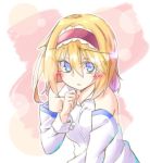  1girl alice_margatroid bangs blonde_hair blue_eyes blush closed_mouth commentary_request detached_sleeves dondyuruma eyebrows_visible_through_hair hair_between_eyes hairband long_sleeves looking_at_viewer multicolored multicolored_background short_hair solo tears touhou upper_body 
