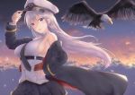  1girl armpits azur_lane bangs bare_shoulders bird blush breasts buttons clouds eagle enterprise_(azur_lane) evening eyebrows_visible_through_hair feathers hair_between_eyes hand_on_headwear hand_on_hip hat highres large_breasts long_hair looking_at_viewer miniskirt necktie open_mouth outdoors peaked_cap petals pleated_skirt sausan shirt sideboob sidelocks silver_hair skirt sleeveless sleeveless_shirt smile solo star thigh-highs very_long_hair violet_eyes white_shirt wind wind_lift 