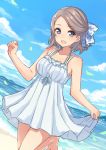  1girl :d bangs bare_arms bare_shoulders barefoot beach blue_eyes blush bow bra_strap breasts brown_hair clouds collarbone dress dutch_angle eyebrows_visible_through_hair frilled_dress frills hair_bow hair_ornament hairclip hajime_kaname horizon lead leaf leg_up love_live! love_live!_sunshine!! medium_breasts ocean open_mouth polka_dot polka_dot_bow shore short_hair skirt_hold smile solo standing standing_on_one_leg sundress swept_bangs tareme watanabe_you water white_dress 