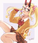  1girl alternate_costume alternate_hairstyle black-framed_eyewear blonde_hair bow bowtie brown_skirt commentary_request facial_mark fate/grand_order fate_(series) food glasses ibaraki_douji_(fate/grand_order) long_hair looking_at_viewer plaid plaid_skirt popsicle red_neckwear school_uniform skirt solo tongue tongue_out twintails twitter_username yellow_eyes yomichi_(yomi888) 