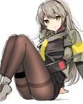  1girl blush brown_hair girls_frontline hairband highres long_hair looking_at_viewer ndgd_(bean1215) pantyhose sitting sketch smile star star-shaped_pupils symbol-shaped_pupils thigh_strap ump40_(girls_frontline) walkie-talkie yellow_eyes 