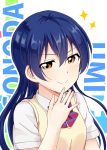  1girl bangs blue_hair blush bow bowtie character_name close-up closed_mouth commentary_request dress_shirt eyebrows_visible_through_hair hair_between_eyes hand_on_own_face long_hair love_live! love_live!_school_idol_project otonokizaka_school_uniform red_neckwear school_uniform shirt short_sleeves smile solo sonoda_umi striped_neckwear tata_(tataice) vest white_shirt yellow_eyes 