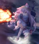  1girl ;o animal_ears azur_lane bangs bell black_footwear blue_shirt bow cannon cat_ears cat_girl cat_tail clouds cloudy_sky commentary_request dutch_angle eyebrows_visible_through_hair firing full_body hair_between_eyes hair_ribbon head_tilt highres jingle_bell kindergarten_uniform kisaragi_(azur_lane) lifebuoy long_hair long_sleeves machinery mary_janes minakami_mimimi ocean one_eye_closed one_side_up outdoors over-kneehighs pink_hair pleated_skirt red_bow red_ribbon ribbon shirt shoes skirt sky solo standing standing_on_one_leg tail tail_bell tail_bow thigh-highs turret very_long_hair violet_eyes water white_legwear yellow_skirt 