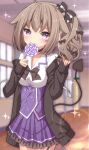  1girl bangs black_bow black_cardigan blurry blurry_background blush bow brown_hair candy cardigan demon_tail depth_of_field eyebrows_visible_through_hair food hair_bow hair_flaps heart heart-shaped_pupils highres holding holding_lollipop indoors lollipop long_sleeves open_cardigan open_clothes original pleated_skirt purple_skirt sapphire_(sapphire25252) shirt side_ponytail skirt sleeves_past_wrists solo striped striped_bow swirl_lollipop symbol-shaped_pupils tail violet_eyes white_shirt window 