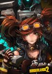 1girl borderlands borderlands_2 brown_gloves choker copyright_name deathtrap earrings eyebrows_visible_through_hair eyewear_on_head fingerless_gloves gaige gloves goggles green_eyes hair_ornament jewelry looking_at_viewer mecha necklace parted_lips redhead revision twintails 