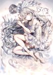  1girl bangs bare_shoulders barefoot blush breasts crown eyebrows_visible_through_hair full_body grey_eyes hair_between_eyes highres kouyafu long_hair looking_at_viewer lying on_side original ribbon silver_hair solo very_long_hair 