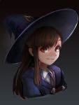  1girl bangs brown_hair closed_mouth cropped_torso face hat kagari_atsuko little_witch_academia long_hair red_eyes school_uniform sidelocks solo wiiczp witch witch_hat 