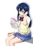  1girl bangs blue_hair blush book bow bowtie cable closed_mouth commentary_request digital_media_player earphones earphones eyebrows_visible_through_hair hair_between_eyes highres holding holding_book long_hair love_live! love_live!_school_idol_project open_book otonokizaka_school_uniform plaid plaid_skirt pleated_skirt reading red_neckwear school_uniform shirt shogo_(4274732) short_sleeves simple_background sitting skirt solo sonoda_umi striped_neckwear vest white_background white_shirt yellow_eyes 
