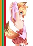  1girl animal_ears arms_up ass bare_shoulders bell blonde_hair blue_eyes detached_sleeves flat_chest fox_ears fox_tail from_side jingle_bell kemomimi_vr_channel long_hair microskirt mikoko_(kemomimi_vr_channel) pleated_skirt profile red_skirt ribbon-trimmed_legwear ribbon_trim shirosuzu skirt solo tail thigh-highs virtual_youtuber white_background white_legwear 