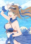  1girl alternate_costume beatrix_(granblue_fantasy) bikini breasts brown_hair cleavage clouds cloudy_sky colored dated front-tie_bikini front-tie_top granblue_fantasy green_eyes hair_ornament motitoy ocean ponytail sash sky smile sparkle sunglasses swimsuit w 