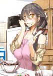  1girl alternate_costume apron black_hair blush chocolate collarbone commentary_request cooking food food_on_face hair_between_eyes hair_over_shoulder haruna_(kantai_collection) holding kantai_collection kitchen kyougoku_touya long_hair looking_at_viewer off-shoulder_sweater pink_apron solo sweater yellow_eyes 