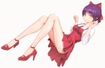  1girl artist_name ass bangs blush bow breasts dress eyebrows_visible_through_hair floating full_body gegege_no_kitarou gem hair_bow high_heels kz_ripo legs long_legs looking_at_viewer medium_breasts nekomusume paw_pose pointy_ears purple_hair red_bow red_dress red_footwear shirt short_dress short_hair simple_background slit_pupils smile solo white_shirt yellow_eyes 