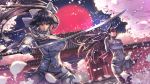  2girls animal_ears atago_(azur_lane) azur_lane black_hair black_legwear breasts brown_eyes building cherry_blossoms closed_mouth commentary_request dutch_angle full_moon gloves hair_flaps high_ponytail highres holding holding_sword holding_weapon katana kuroi_susumu large_breasts long_hair long_sleeves looking_away moon multiple_girls night outdoors pencil_skirt petals pleated_skirt red_moon sheath skirt sword takao_(azur_lane) thigh-highs turtleneck v-shaped_eyebrows very_long_hair weapon white_gloves white_skirt wind 