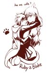  2girls animal_ears blake_belladonna blush cat_ears cat_tail commentary_request english hug kuma_(bloodycolor) mechanical_pencil multiple_girls paw_print pencil ruby_rose rwby sketch tail yuri 