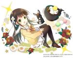  1girl :d animal anko_(gochiusa) bangs black_legwear blouse blunt_bangs bowl breasts brown_footwear brown_hair buttons crescent crown eyebrows_visible_through_hair flower food full_body gochuumon_wa_usagi_desu_ka? green_eyes hair_flower hair_ornament hand_on_own_cheek hoto_cocoa&#039;s_school_uniform loafers long_hair mini_crown miniskirt mochi official_art open_mouth pantyhose pleated_skirt rabbit red_flower red_neckwear red_ribbon ribbon sailor_collar school_uniform serafuku shiiba_nae shoes sidelocks skirt small_breasts smile sparkle ujimatsu_chiya wagashi white_background white_flower white_ribbon white_sailor_collar white_skirt yellow_blouse 