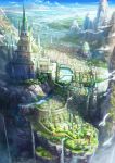  bird blue_sky bridge castle city cliff clouds day fantasy flower_bed fountain from_above gate highres kazemachi_(akainan) mountain no_humans original river scenery sky statue tower tree wall water waterfall 