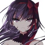  1girl akemi_homura bow choker collarbone eyebrows_visible_through_hair floating_hair hair_between_eyes hair_bow hair_ribbon hairband highres long_hair looking_at_viewer mahou_shoujo_madoka_magica misteor portrait purple_hair red_bow red_hairband red_ribbon ribbon simple_background solo violet_eyes white_background 
