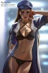  1girl alternate_costume ana_(overwatch) beret black_hair breasts brown_eyes captain_amari dark_skin facial_mark facial_tattoo hat highres hoo_bamon large_breasts lips long_hair looking_at_viewer navel open_clothes overwatch parted_lips solo tattoo younger 