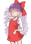  1girl alternate_hair_color blush bow cat_girl child constricted_pupils dress gegege_no_kitarou hair_bow highres licking_hand long_sleeves looking_at_viewer nekomusume orihara_sachiko pointy_ears purple_hair red_bow red_dress shirt short_dress short_hair solo tongue tongue_out white_shirt yellow_eyes 
