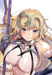  1girl absurdres armor armored_dress armpits bare_shoulders blonde_hair blush braid breasts chains fate/apocrypha fate_(series) flag gauntlets headpiece highres jeanne_d&#039;arc_(fate) jeanne_d&#039;arc_(fate)_(all) large_breasts long_braid long_hair marushin_(denwa0214) single_braid smile upper_body 