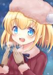  1girl :d bangs blonde_hair blue_background blue_eyes blush breathing_on_hands brown_gloves coat commentary_request eyebrows_visible_through_hair fur-trimmed_sleeves fur_collar fur_trim gloves hair_between_eyes hat highres long_sleeves looking_at_viewer maaru_(shironeko_project) open_mouth pink_hat red_coat shironeko_project smile snowing solo sunameri_(pixiv3564245) upper_teeth 