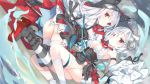  2girls azur_lane bare_shoulders black_skirt boots breasts cleavage detached_sleeves dutch_angle erebus_(azur_lane) eyebrows_visible_through_hair frills hair_over_one_eye highres large_breasts long_hair looking_at_viewer multiple_girls red_eyes ribbon satsuki_mayuri shirt short_hair skirt sleeves_past_wrists stitches striped striped_legwear terror_(azur_lane) thigh-highs white_hair white_shirt 