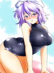  1girl all_fours ass black_swimsuit blue_eyes blush breasts d-m_(dii_emu) hanging_breasts hat highres large_breasts lavender_hair letty_whiterock looking_at_viewer one-piece_swimsuit short_hair smile solo swimsuit touhou turtleneck 