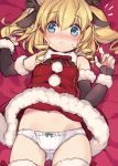  1girl animal_ears arm_warmers azur_lane blonde_hair blue_eyes blush bow bow_panties breasts dress flying_sweatdrops gridley_(azur_lane) hair_between_eyes long_hair looking_at_viewer lying minamura_haruki navel on_back panties pom_pom_(clothes) red_dress santa_costume short_dress small_breasts solo sweat thigh-highs underwear white_panties 