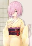  1girl absurdres blush fate/grand_order fate_(series) hair_over_one_eye highres japanese_clothes jewelry kimono looking_at_viewer mash_kyrielight obi pink_hair ring saku_(kudrove) sash shielder_(fate/grand_order) short_hair sliding_doors solo violet_eyes wedding_band wide_sleeves 