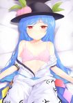  1girl black_hat blue_hair blue_skirt bra breasts collarbone food frown fruit hat highres hinanawi_tenshi kanpa_(campagne_9) leaf long_hair looking_at_viewer lying on_back partially_unbuttoned peach pink_bra red_eyes shirt_pull skirt small_breasts solo touhou underwear 