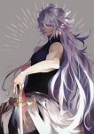  fate/grand_order fate_(series) grey_hair hair_between_eyes highres long_hair looking_at_viewer male_focus merlin_(fate/stay_night) pvc_parfait smile sword very_long_hair violet_eyes weapon wide_sleeves 