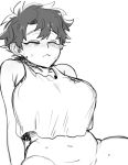  1girl arm_support breasts closed_eyes closed_mouth cowboy_shot crop_top fate/grand_order fate_(series) fujimaru_ritsuka_(male) genderswap genderswap_(mtf) greyscale large_breasts monochrome nanika_(nnkgh) no_panties short_hair simple_background sitting tank_top white_background 