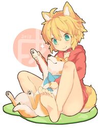  1girl 2018 animal_ears bare_legs barefoot blonde_hair collar commentary_request dog dog_collar dog_ears dog_girl dog_tail feet green_eyes holding_paw hood hoodie lying on_back original panties playing red_hoodie roke scarf sitting smile soles tail toes underwear white_panties 