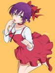  1girl artist_name bow cat_girl choker dress fang finger_licking gegege_no_kitarou gem hair_between_eyes hair_bow high_heels highres licking long_sleeves looking_at_viewer nekomusume pink_bow pointy_ears purple_hair red_bow red_choker red_dress red_footwear shirt short_hair solo tongue tongue_out utenmp white_shirt yellow_background yellow_eyes 