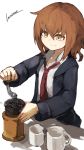  1girl blue_jacket brown_hair character_request closed_mouth coffee_grinder collared_shirt cup hair_between_eyes holding jacket kantai_collection lansane long_sleeves necktie orange_eyes red_neckwear shirt short_hair signature simple_background smile solo wakaba_(kantai_collection) white_background white_shirt wing_collar 