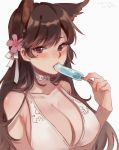  1girl animal_ears atago_(azur_lane) azur_lane bikini_top blush breasts brown_eyes brown_hair cleavage commentary_request eyebrows_visible_through_hair flower food hair_flower hair_ornament large_breasts long_hair looking_at_viewer mole mole_under_eye popsicle simple_background solo spirit_(624793092) upper_body white_background white_bikini_top 