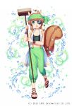  1girl :o acorn animal animal_ears animal_on_head animal_on_shoulder bandanna bare_shoulders blush breasts broom brown_hair clothed_animal collared_vest eyebrows_visible_through_hair eyepatch full_body gothic_wa_mahou_otome green_eyes green_pants highres holding holding_broom jenevan midriff navel no_socks official_art on_head open_clothes open_vest pants pirate puffy_pants round_teeth sandals short_hair small_breasts solo sparkle squirrel squirrel_ears squirrel_tail standing standing_on_one_leg tail teeth vest watermark white_background white_vest wristband 