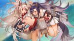  2girls :d animal_ears arched_back azur_lane belt black_bikini_top black_skirt blue_hair blush braid breasts brown_footwear brown_hair clenched_hands closed_mouth clouds crop_top day dutch_angle fang high_ponytail large_breasts legs_up long_hair loose_socks machinery midriff multiple_girls navel off_shoulder ogyue open_mouth outdoors pleated_skirt ponytail red_eyes sailor_collar shigure_(azur_lane) skirt sky smile socks tail thick_eyebrows v-shaped_eyebrows very_long_hair water white_legwear white_skirt wrist_cuffs yuudachi_(azur_lane) 